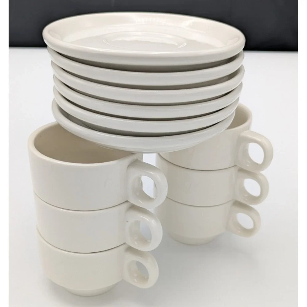 Set 6 European Espresso Demitasse 80ml 2.5 oz Cup & Saucer Modern White Stacking
